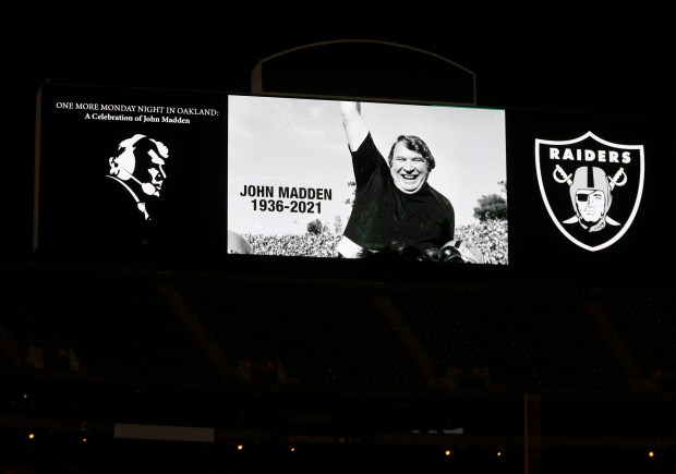 OAKLAND, CA - FEBRUARY 14: A photo of John Madden is seen on the jumbo screen during the One More Monday Night in Oakland: A Celebration of John Madden memorial event at the Coliseum in Oakland, Calif., on Monday, Feb. 14, 2022. (Jane Tyska/Bay Area News Group)