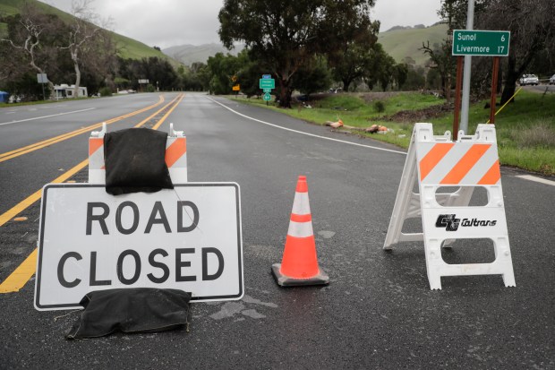 Niles Canyon Road is closed at Old Canyon Road from flooding along the Alameda Creek Saturday, Jan. 14, 2023, in Fremont, Calif. (Photo by Jim Gensheimer)